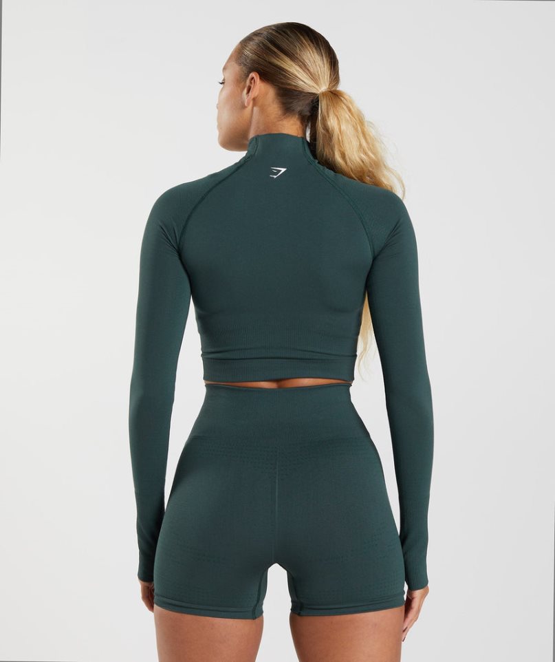 Women's Gymshark Vital Seamless 2.0 High Neck Midi Cropped Tops Dark Green | NZ 1OKPSV